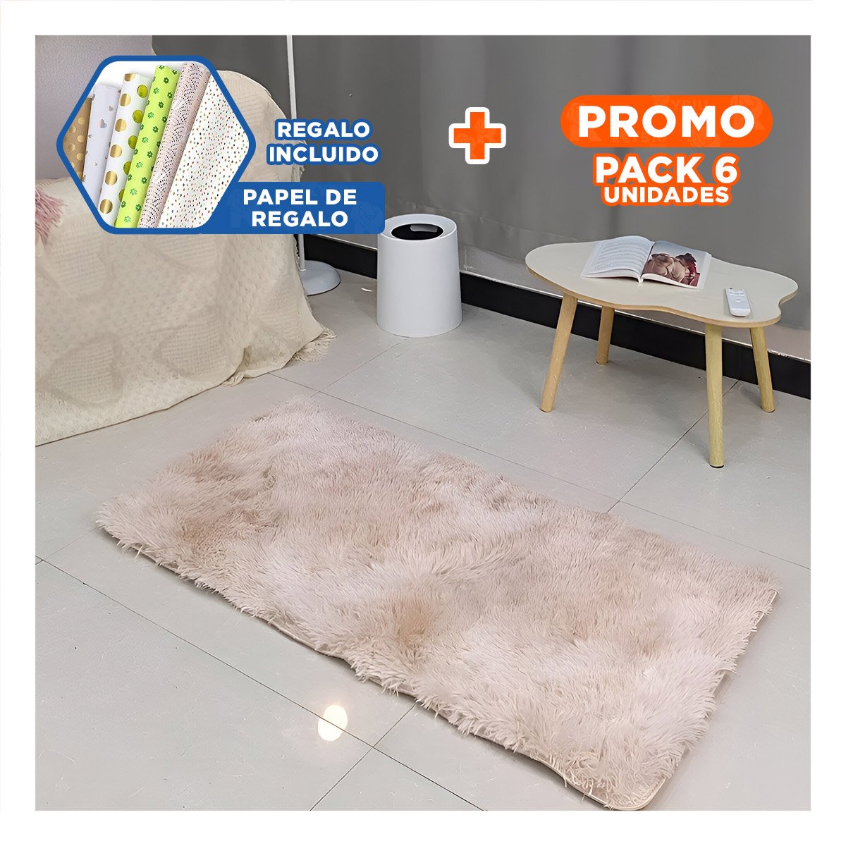 PACK6 ALFOMBRILLA DE PELUCHE DECORATIVO RECTANGULAR BLANCO Y CAMELLO 40X60CM YPAPEL REGALO - 1