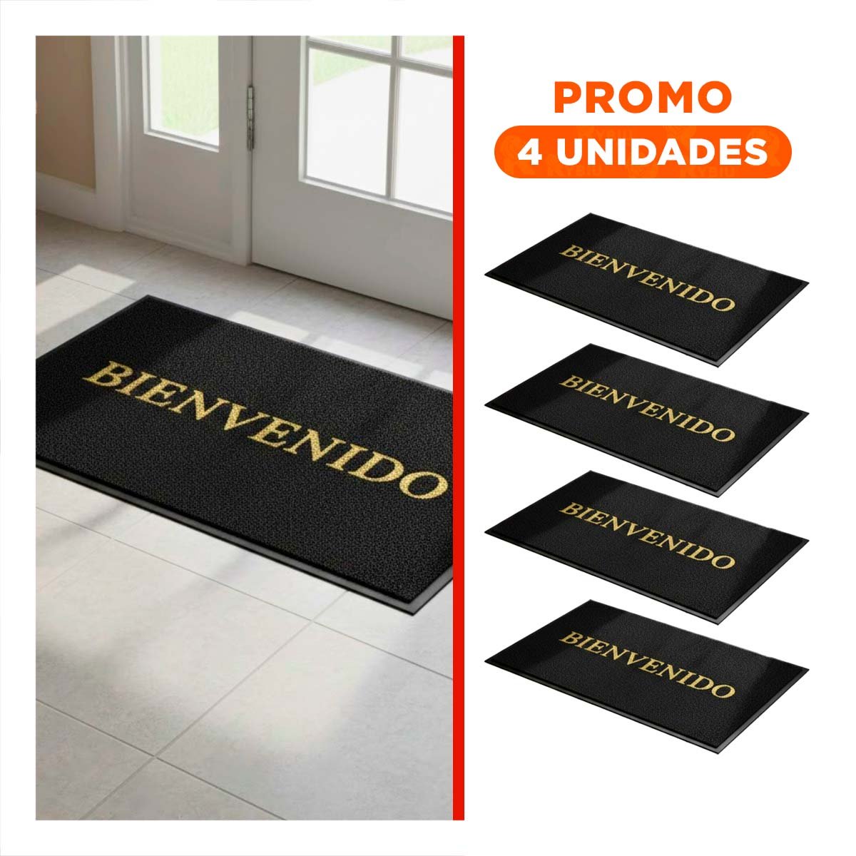 PACK4 TAPIZ RECTANGULAR BIENVENIDO NEGRO PARA RECIBIDOR Y ACCESO PRINCIPAL Y+REGALO STICKER - 1