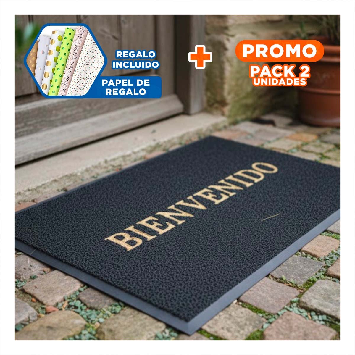 PACK2 ESTERA RECTANGULAR BIENVENIDO PLOMO PARA ENTRADA Y AREA SOCIAL Y+PAPEL REGALO - 1