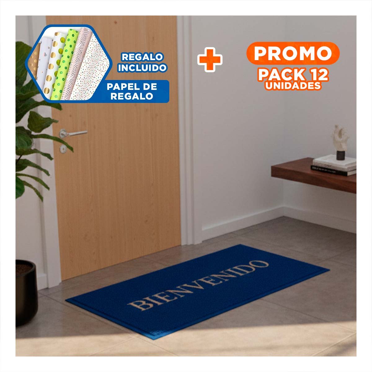 PACK12 FELPUDO RECTANGULAR BIENVENIDO NEGRO DECORATIVO Y COMODO PARA RECIBIDORES Y+PAPEL REGALO - 1