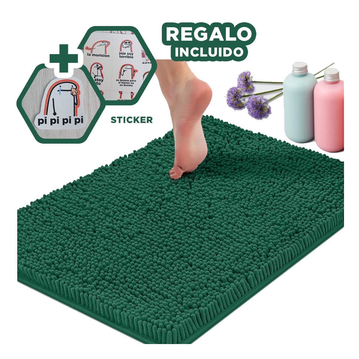 TAPETE RECTANGULAR DECORATIVO DE MICROFIBRA 40X60CM VERDE OSCURO PARA HOGAR Y+REGALO STICKER - 1