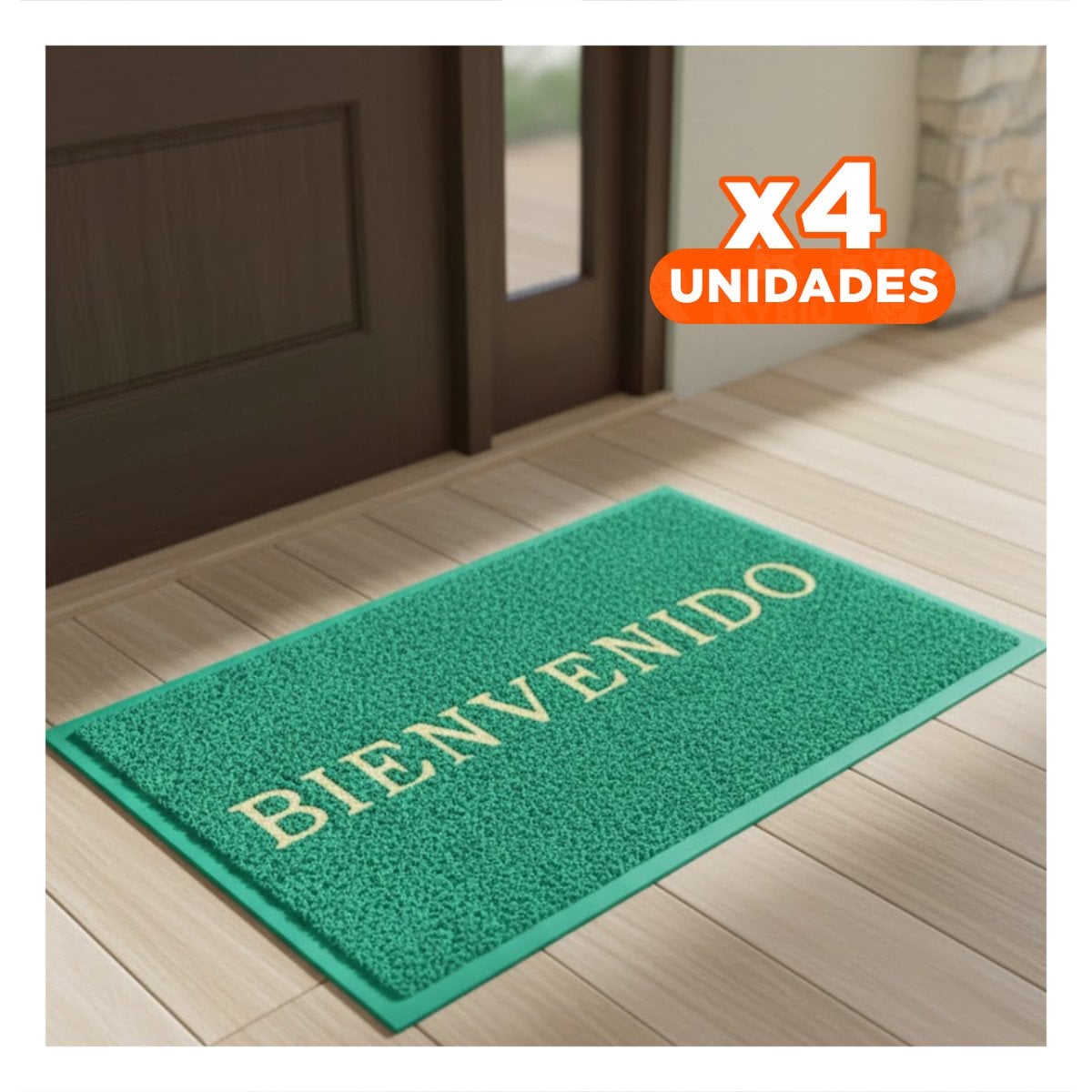 PACK4 ALFOMBRA RECTANGULAR BIENVENIDO VERDE PARA DECORAR ENTRADA Y PASILLO - 1