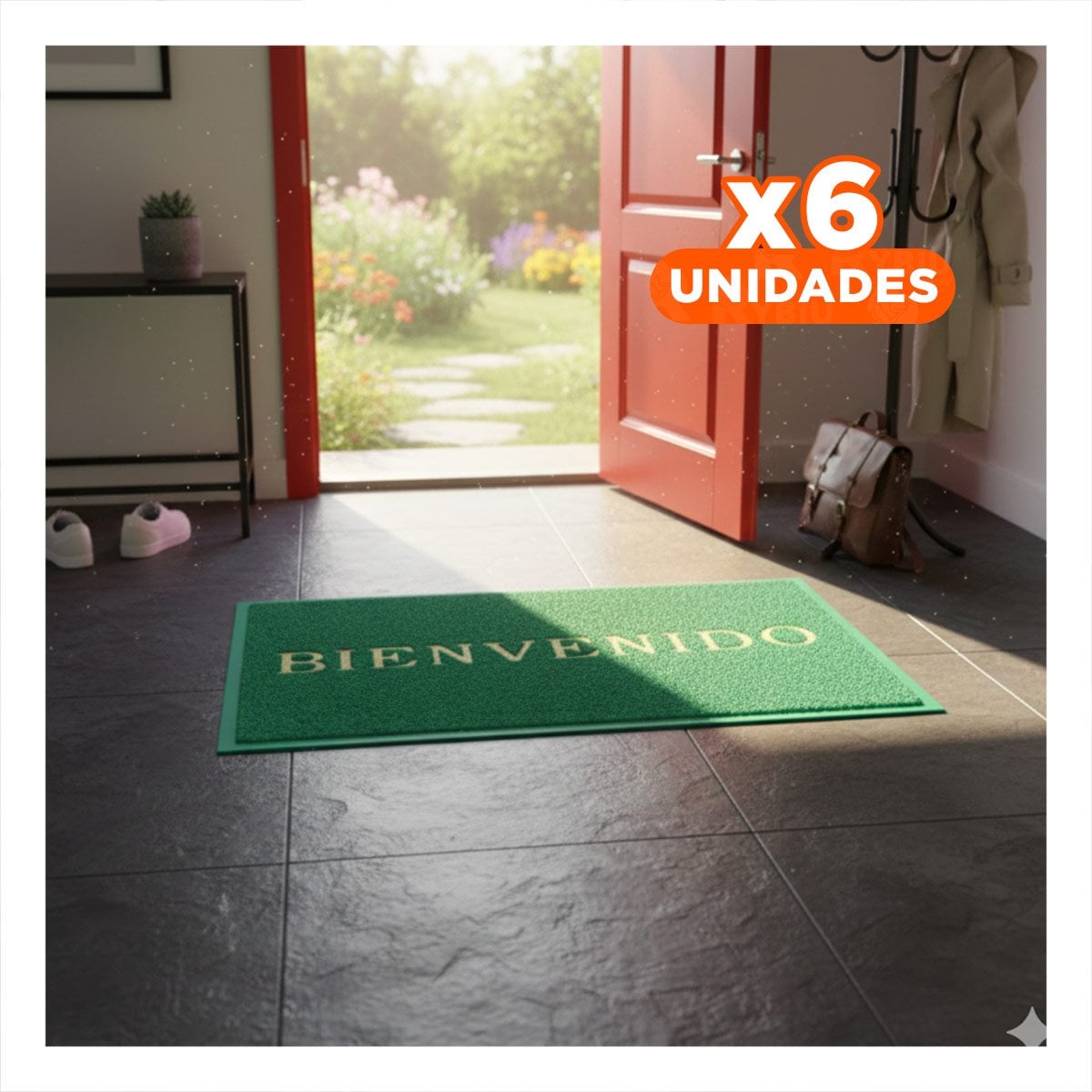 PACK6 ALFOMBRA RECTANGULAR BIENVENIDO VERDE PARA RECIBIDOR Y SALA HOGAR Y+REGALO STICKER - 1