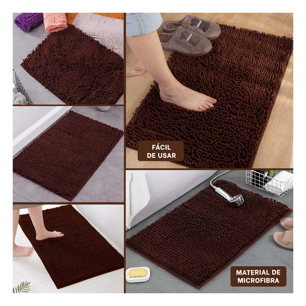 CUBREPISO RECTANGULAR SUAVE MICROFIBRA 40X60CM MARRON PARA HOGAR Y+LIGAS REGALO - 5