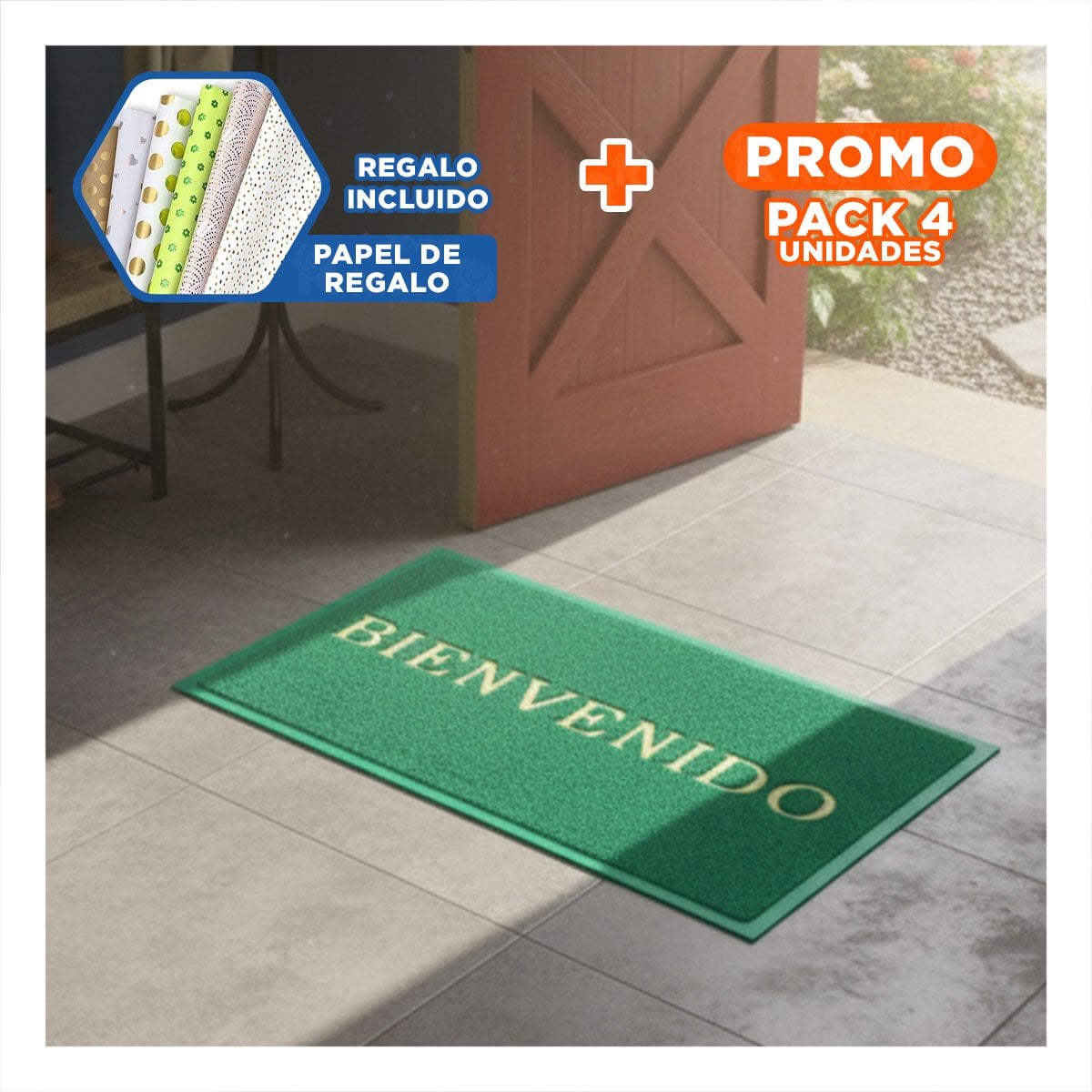 PACK4 FELPUDO RECTANGULAR BIENVENIDO VERDE PARA SALA Y AREA DE ESPERA Y+PAPEL REGALO - 1