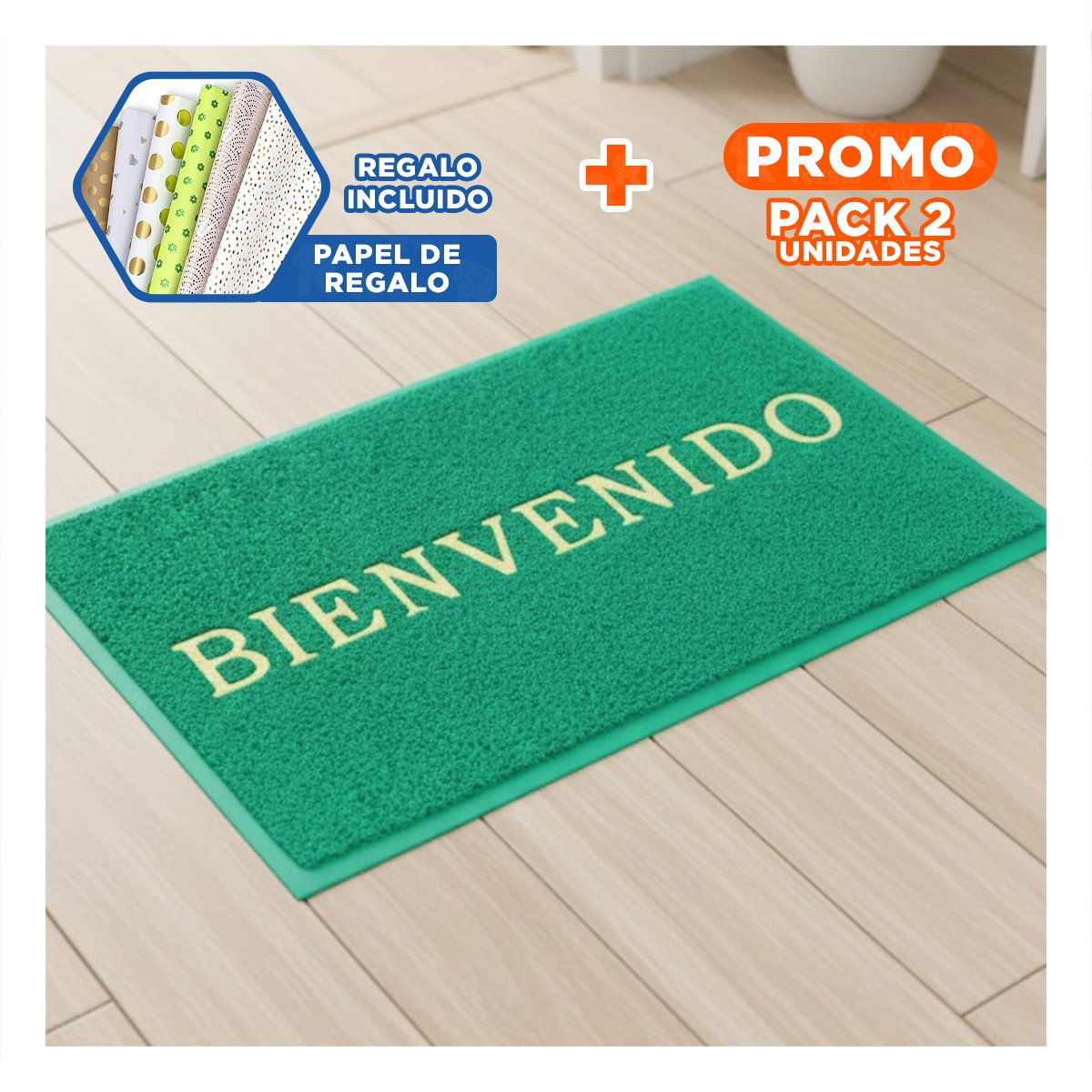 PACK2 ESTERA RECTANGULAR BIENVENIDO VERDE PARA RECIBIDOR Y ACCESO HOGAR Y+PAPEL REGALO - 1