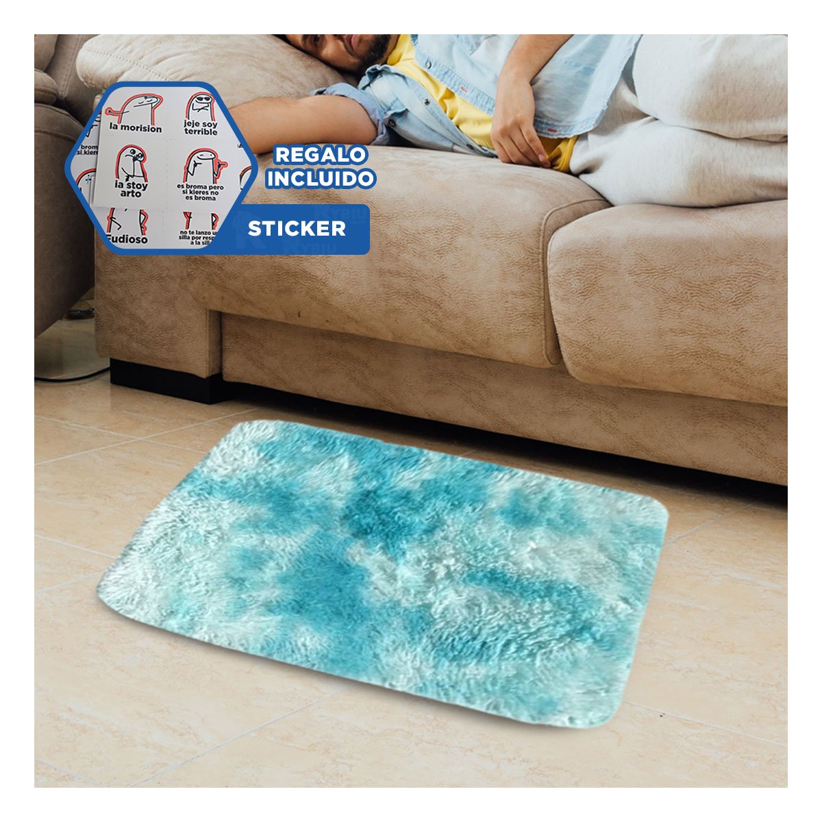 TAPETE CON DIMENSIONES 40X60CM RECTANGULAR DE PELUCHE CELESTE Y BLANCO YREGALO STICKER - 1