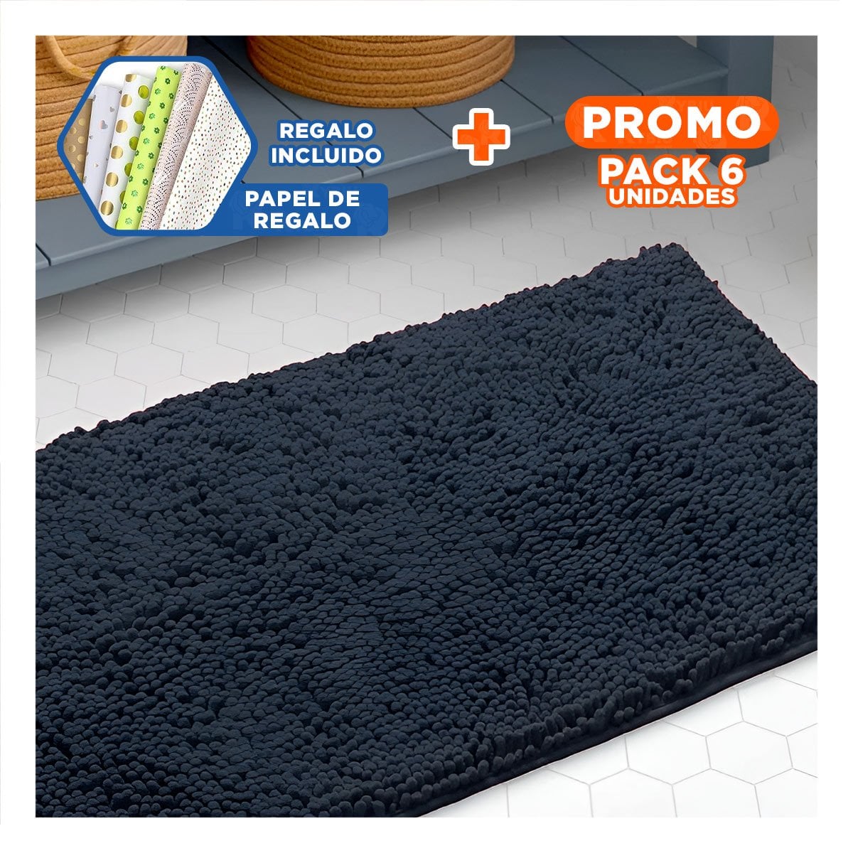 PACK6 PISO TEXTIL RECTANGULAR MODERNO DE MICROFIBRA 40X60CM PLOMO OSCURO Y+PAPEL REGALO - 1