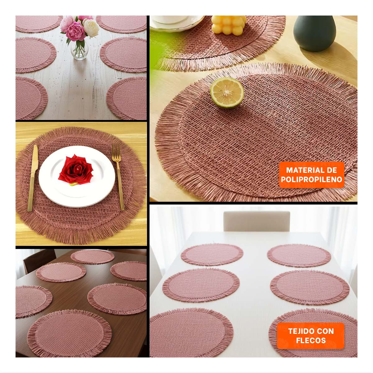 BASES DE MESA CON FLECOS Y TRAMA CIRCULAR ROSADO INCLUYE SET DE 6 Y+LIGAS REGALO - 5