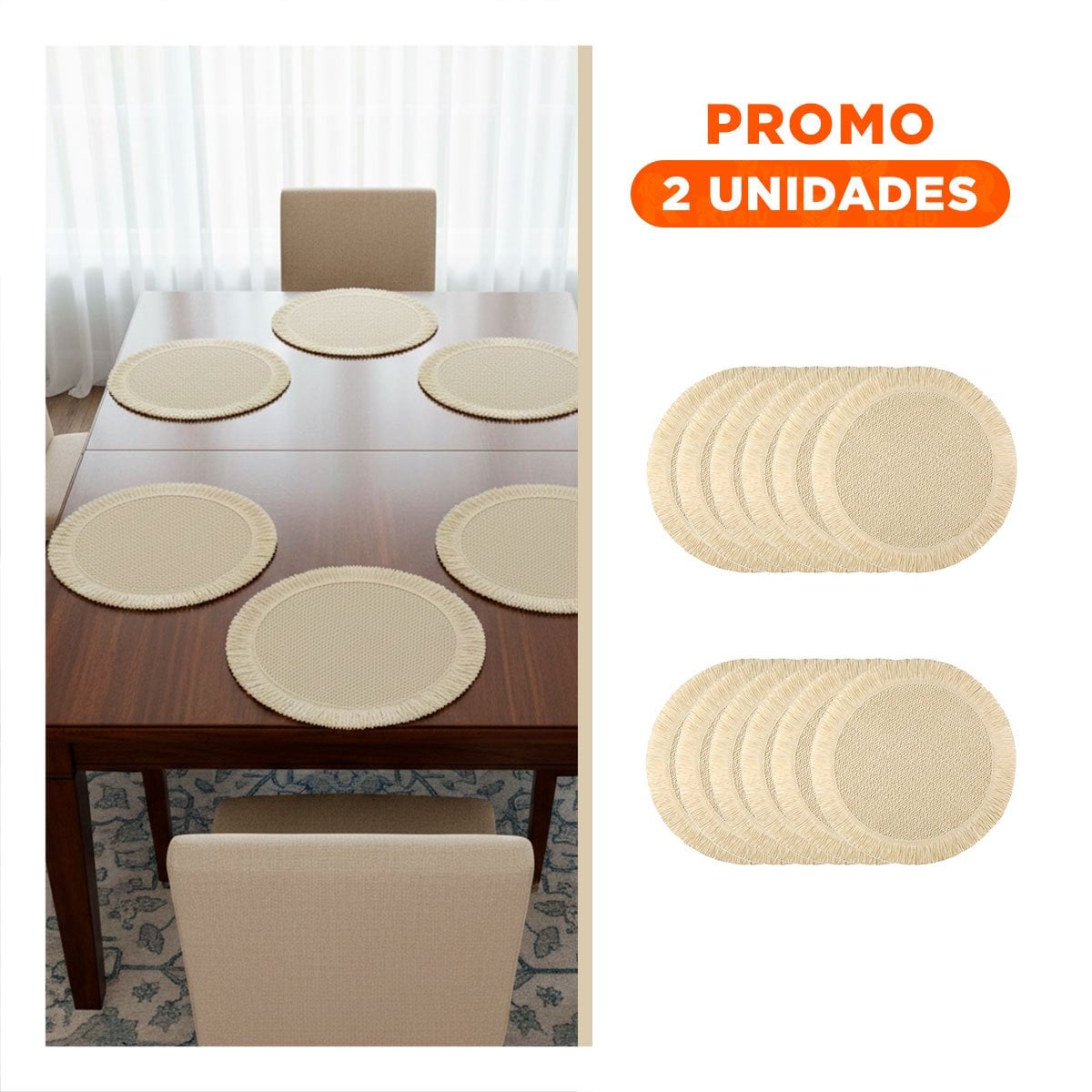 PACK2 INDIVIDUALES CIRCULARES DE TEJIDO VISIBLE CON FLECOS BEIGE SET DE 6 DE 38CM - 1
