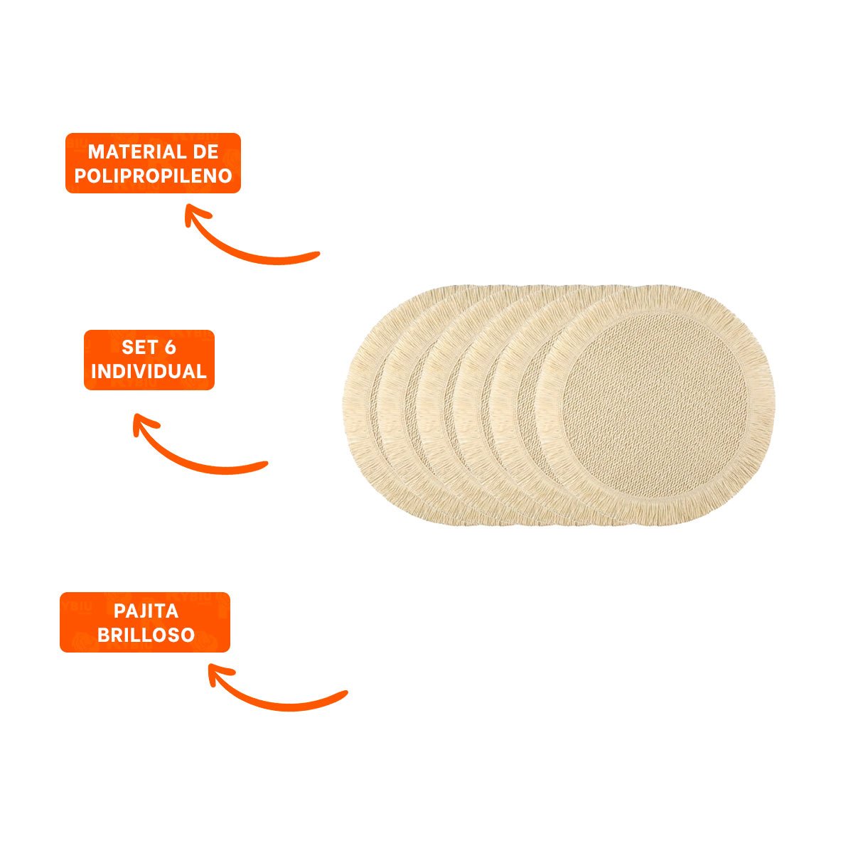 PACK2 INDIVIDUALES CIRCULARES DE TEJIDO VISIBLE CON FLECOS BEIGE SET DE 6 DE 38CM - 5