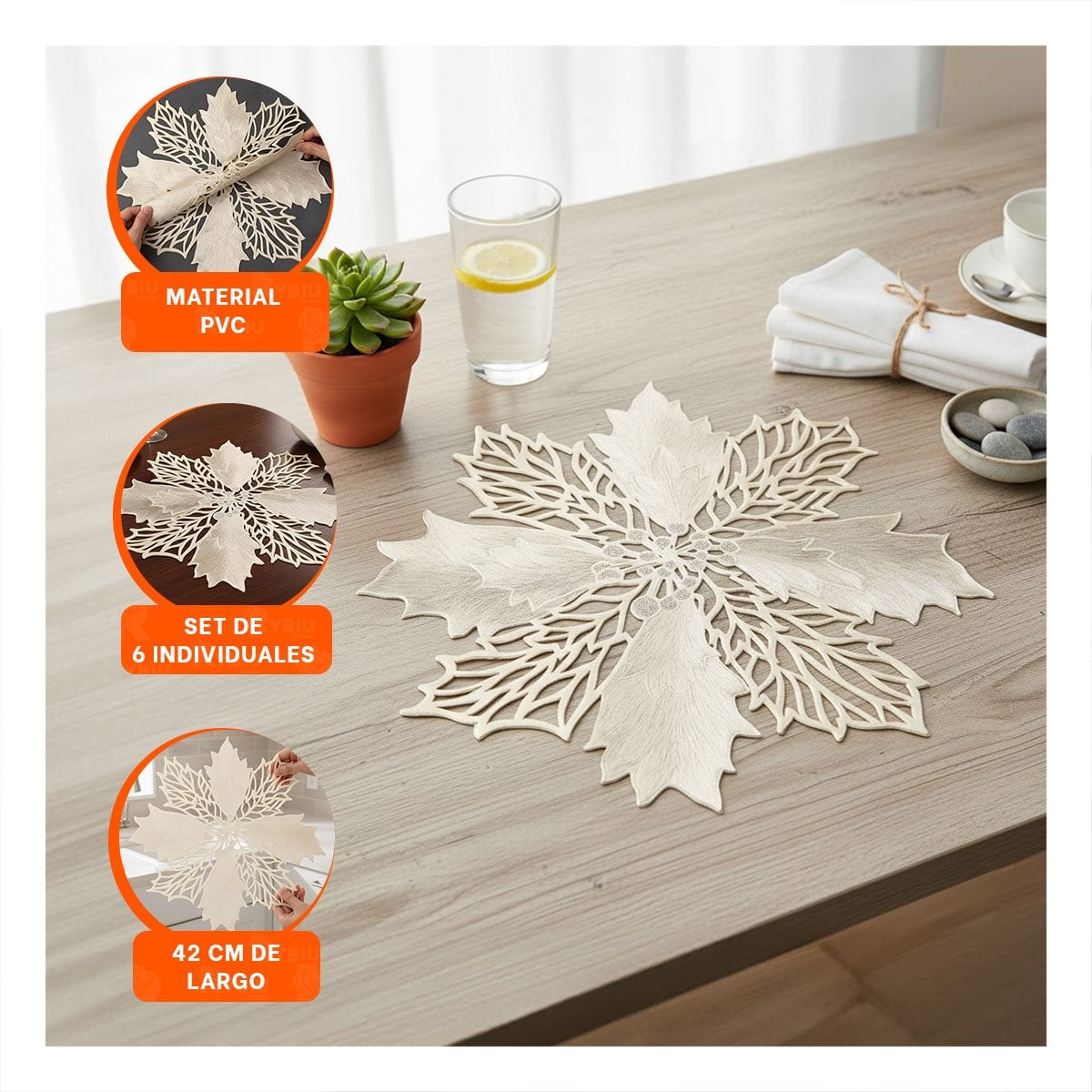 PACK4 LOTE TEXTIL 6 INDIVIDUALES FLOR DE PINA DORADO 42X42 CM ESTILO FESTIVO - 5