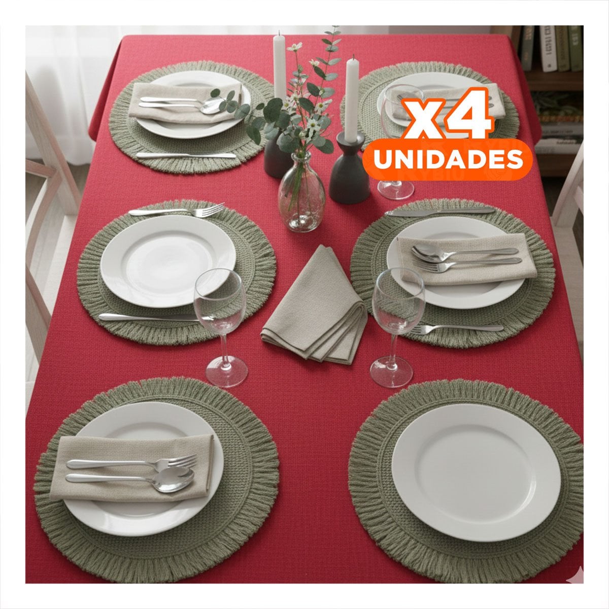 PACK4 CUBREMESAS CIRCULARES CON TEJIDO VISIBLE FLECOS VERDE SET DE 6 DE 38CM - 1