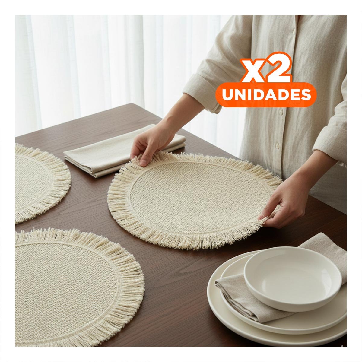 PACK2 INDIVIDUALES TEJIDOS PARA MESA CON FLECOS EN COLOR BEIGE SET DE 6 Y+REGALO STICKER - 1