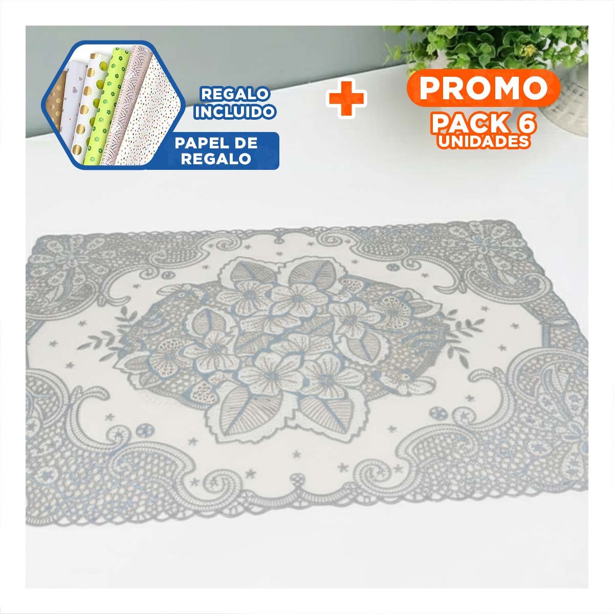 PACK6 INDIVIDUAL PLATEADO RECTANGULAR CON DETALLE DE ENCAJE Y FLORES PARA HOGAR Y+PAPEL REGALO - 1