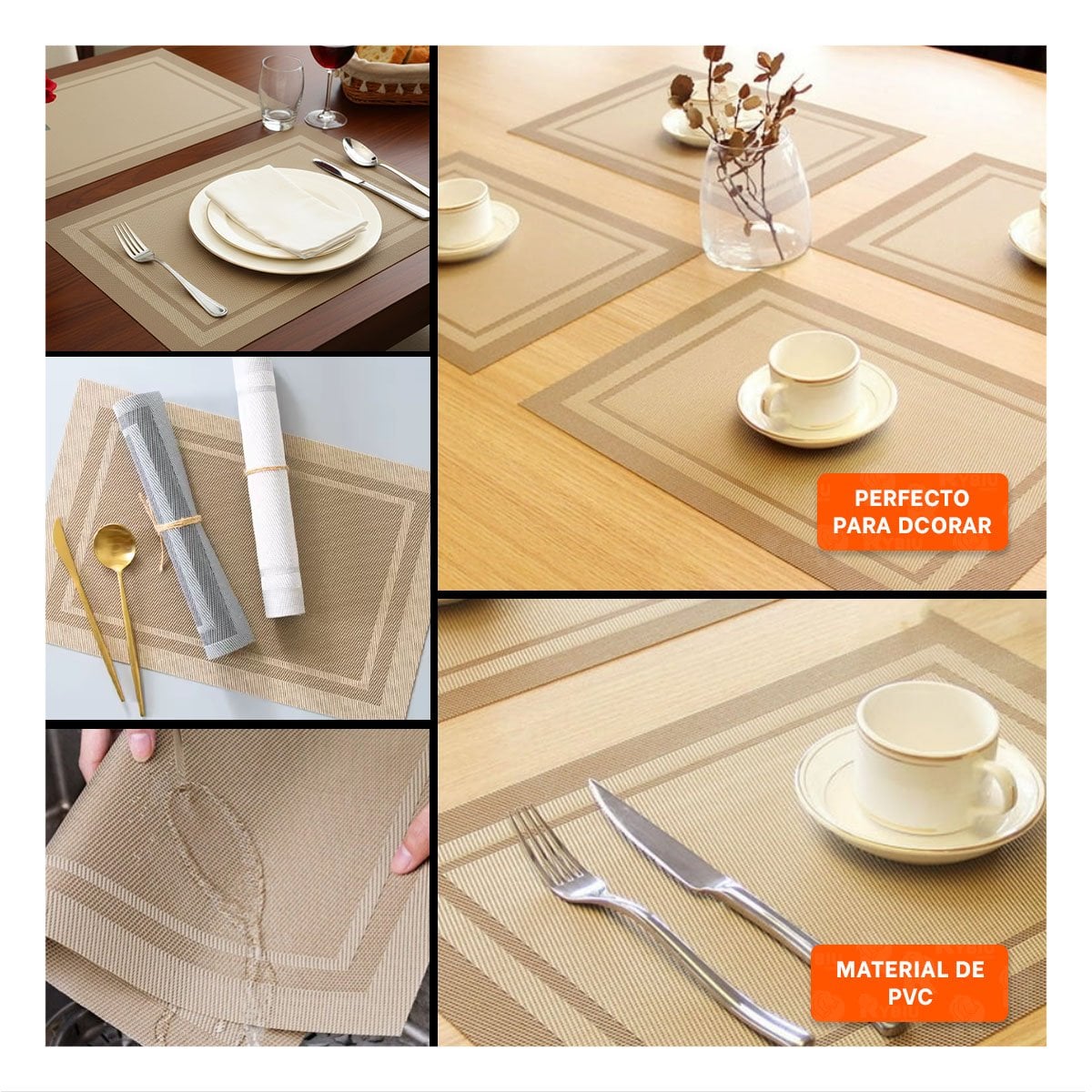 PACK DECORATIVO DE MESA 6 INDIVIDUAL RECTANGULAR ESTILO DORADO YLIGAS REGALO - 5