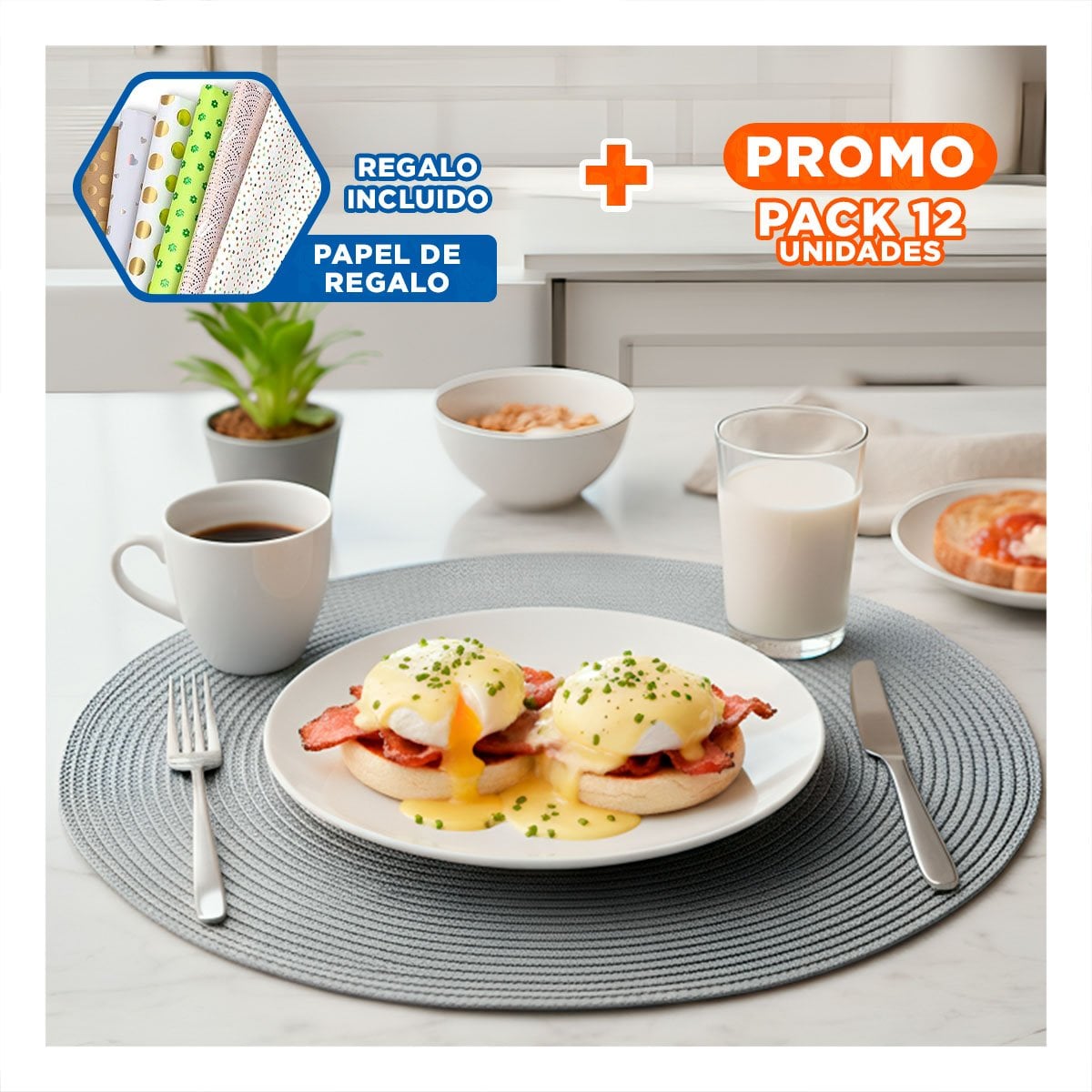 PACK12 PROTECTOR TEXTIL CIRCULAR BOHO PLOMO PARA COMEDOR Y+PAPEL REGALO - 1