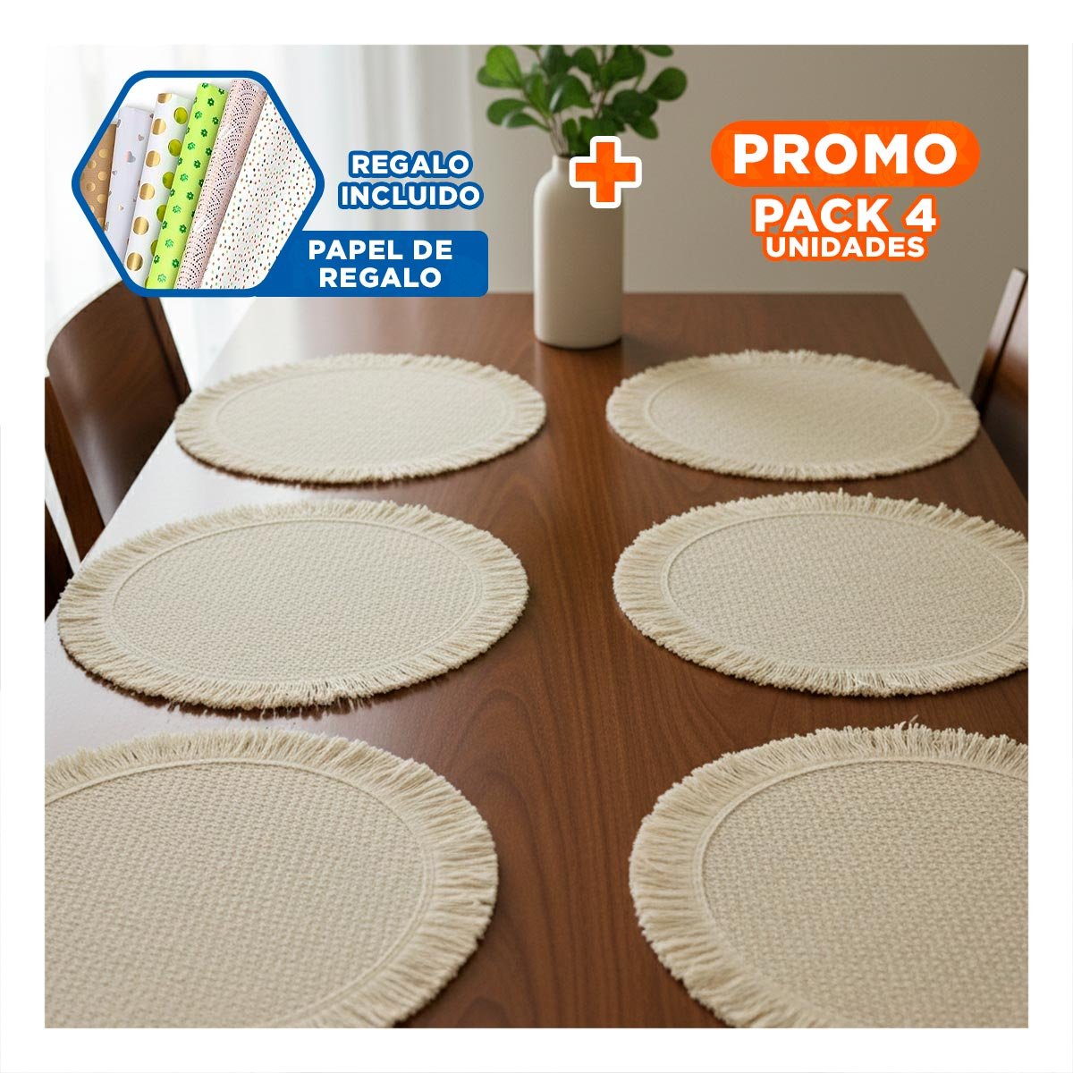 PACK4 CUBREMESAS TEJIDOS PARA MESA CON FLECOS BEIGE PENSADOS EN SET DE 6 Y+PAPEL REGALO - 1