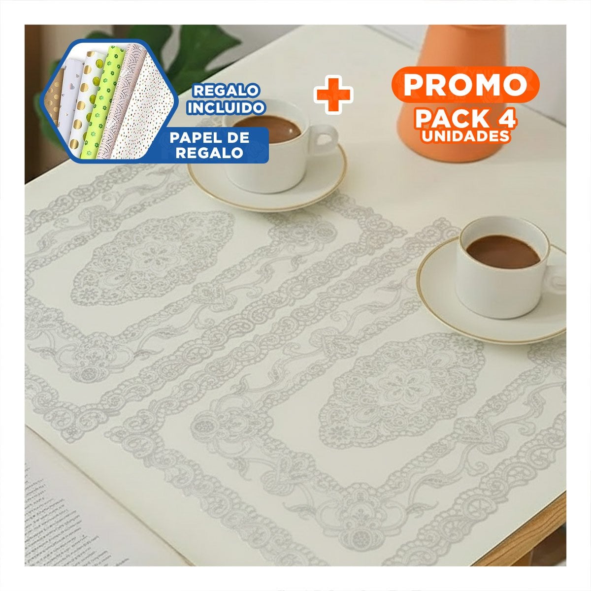 PACK4 INDIVIDUAL PLATEADO ELEGANTE CON DISEÑO FLORAL PARA HOGAR MODERNO Y+PAPEL REGALO - 1