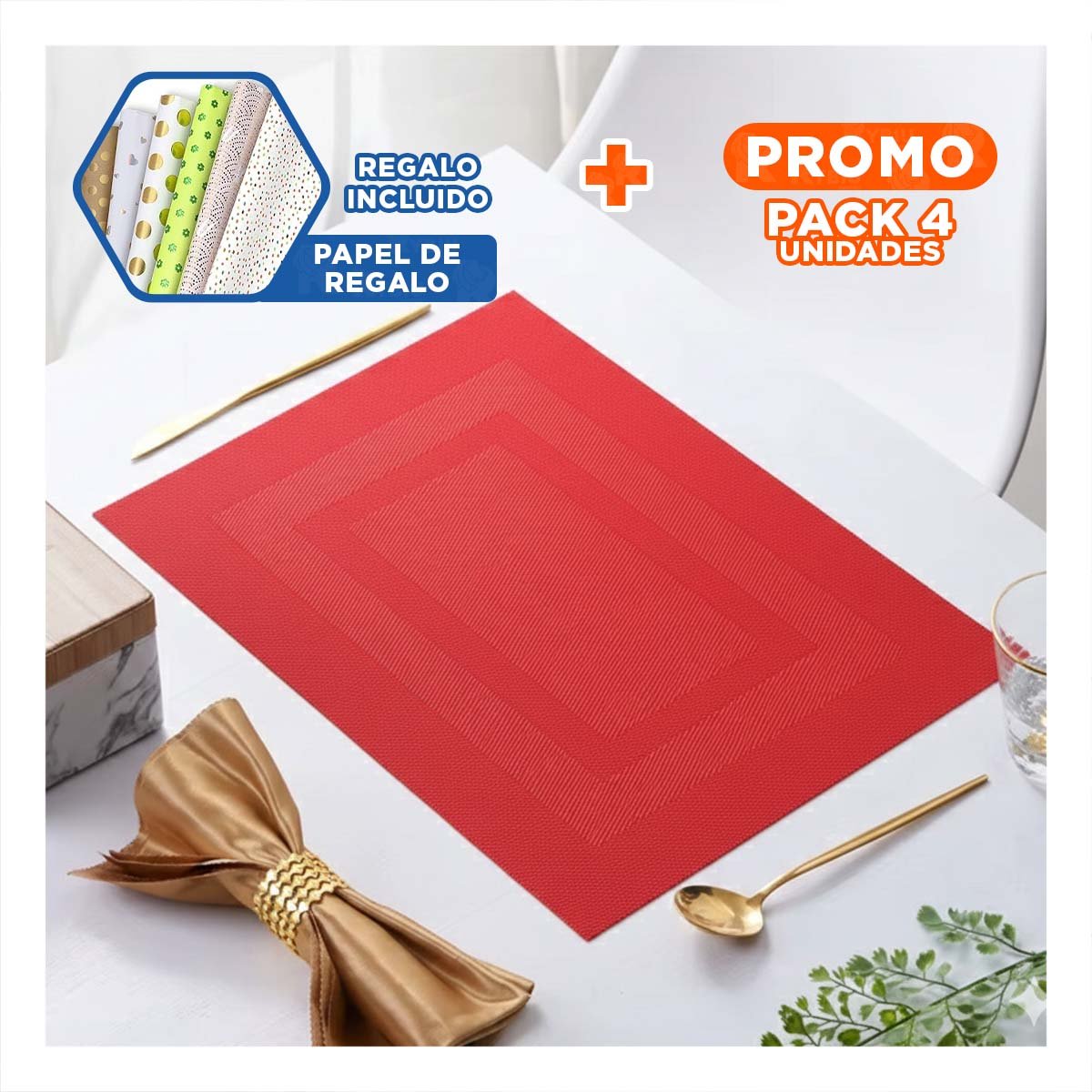 PACK4 COLECCION PARA MESA ELEGANTE 6 INDIVIDUAL RECTANGULAR CON RAYAS Y+PAPEL REGALO - 1