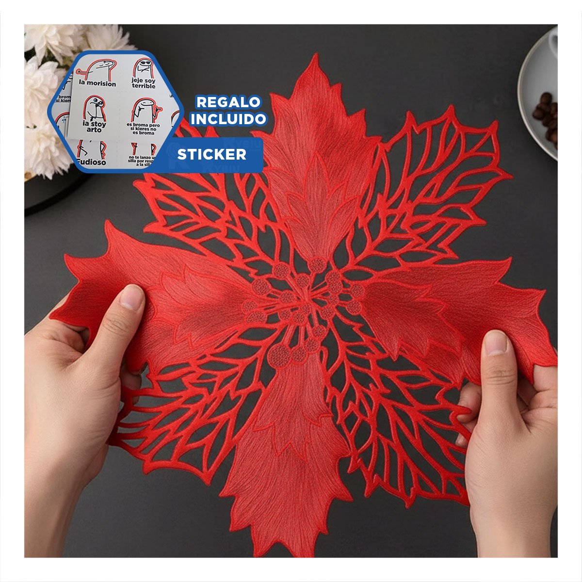 PACK PARA MESA 6 INDIVIDUALES FLOR DE PINA ROJO 42X42 CM HOGAR Y+REGALO STICKER - 1