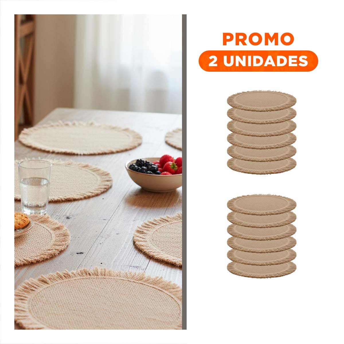 PACK2 INDIVIDUALES CIRCULARES DE TEJIDO VISIBLE CON FLECOS CAQUI SET DE 6 - 1