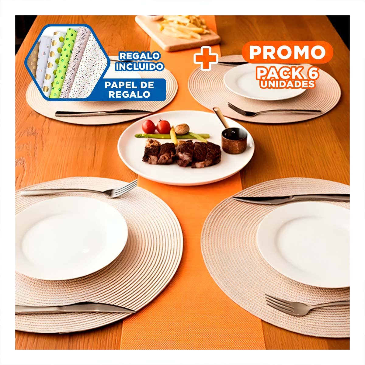 PACK6 PLATO TEXTIL ESTILO BOHO CIRCULAR BEIGE PARA HOGAR Y+PAPEL REGALO - 1