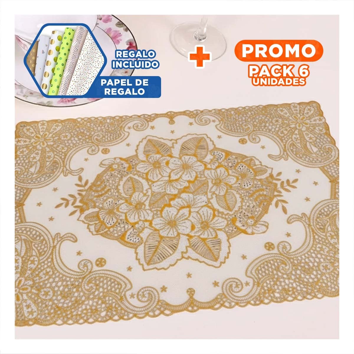 PACK6 INDIVIDUAL DORADO RECTANGULAR CON DETALLE DE ENCAJE Y FLORES PARA HOGAR Y+PAPEL REGALO - 1