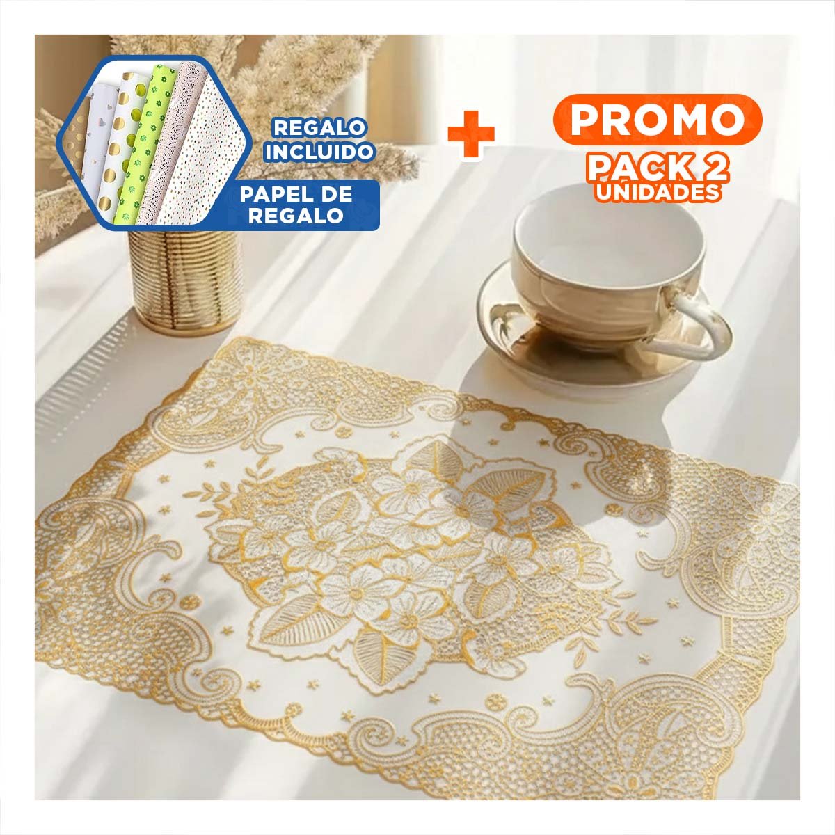 PACK2 MANTEL MODERNO DORADO CON FLORES PARA DECORACION DE CASA Y+PAPEL REGALO - 1