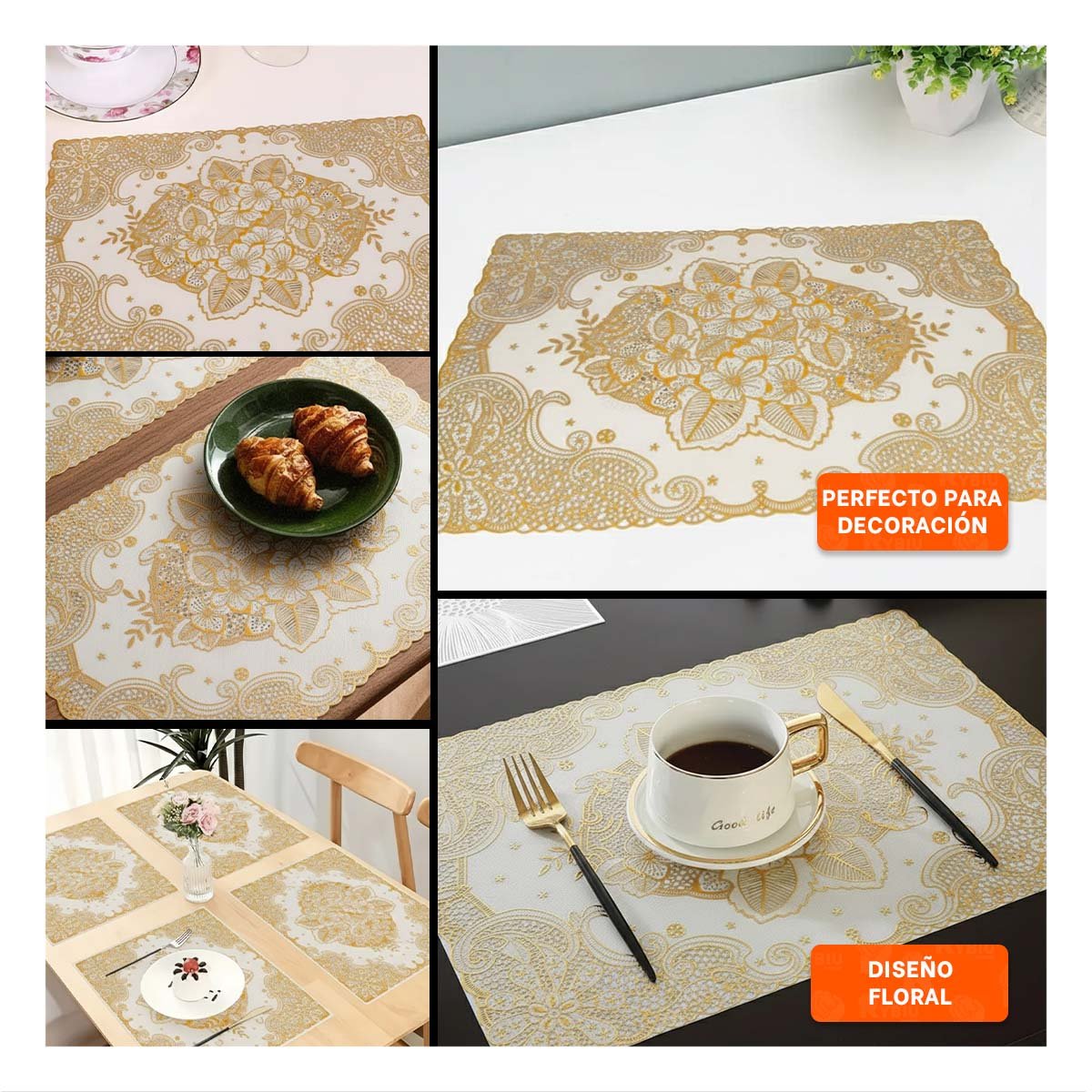 PACK2 MANTEL MODERNO DORADO CON FLORES PARA DECORACION DE CASA Y+PAPEL REGALO - 3