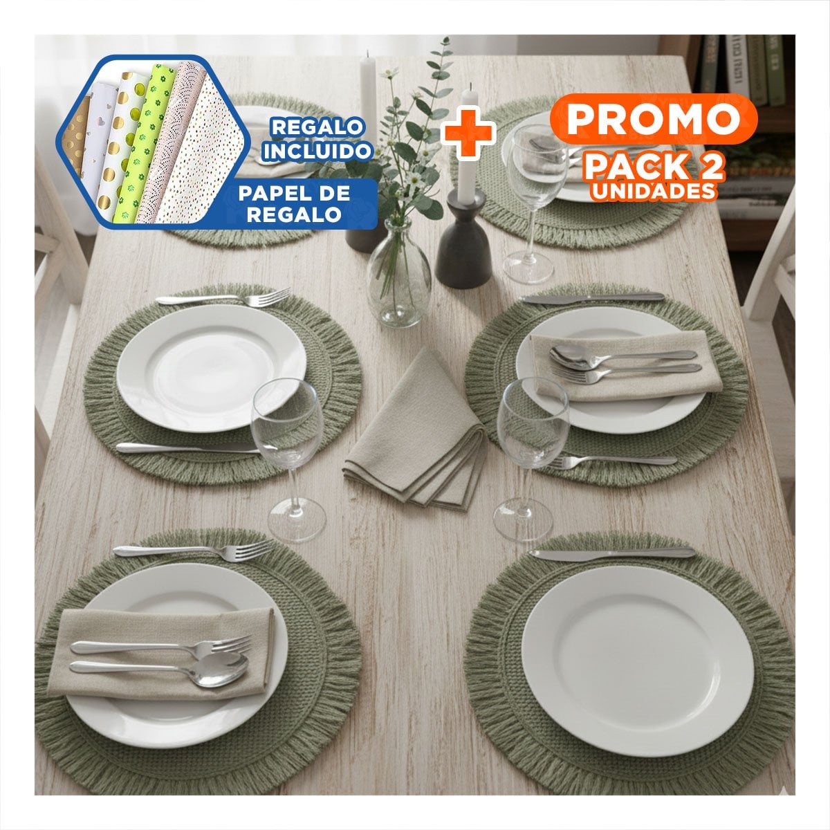 PACK2 INDIVIDUALES CON FORMA CIRCULAR TEJIDA FLECOS VERDE SET DE 6 PIEZAS Y+PAPEL REGALO - 1