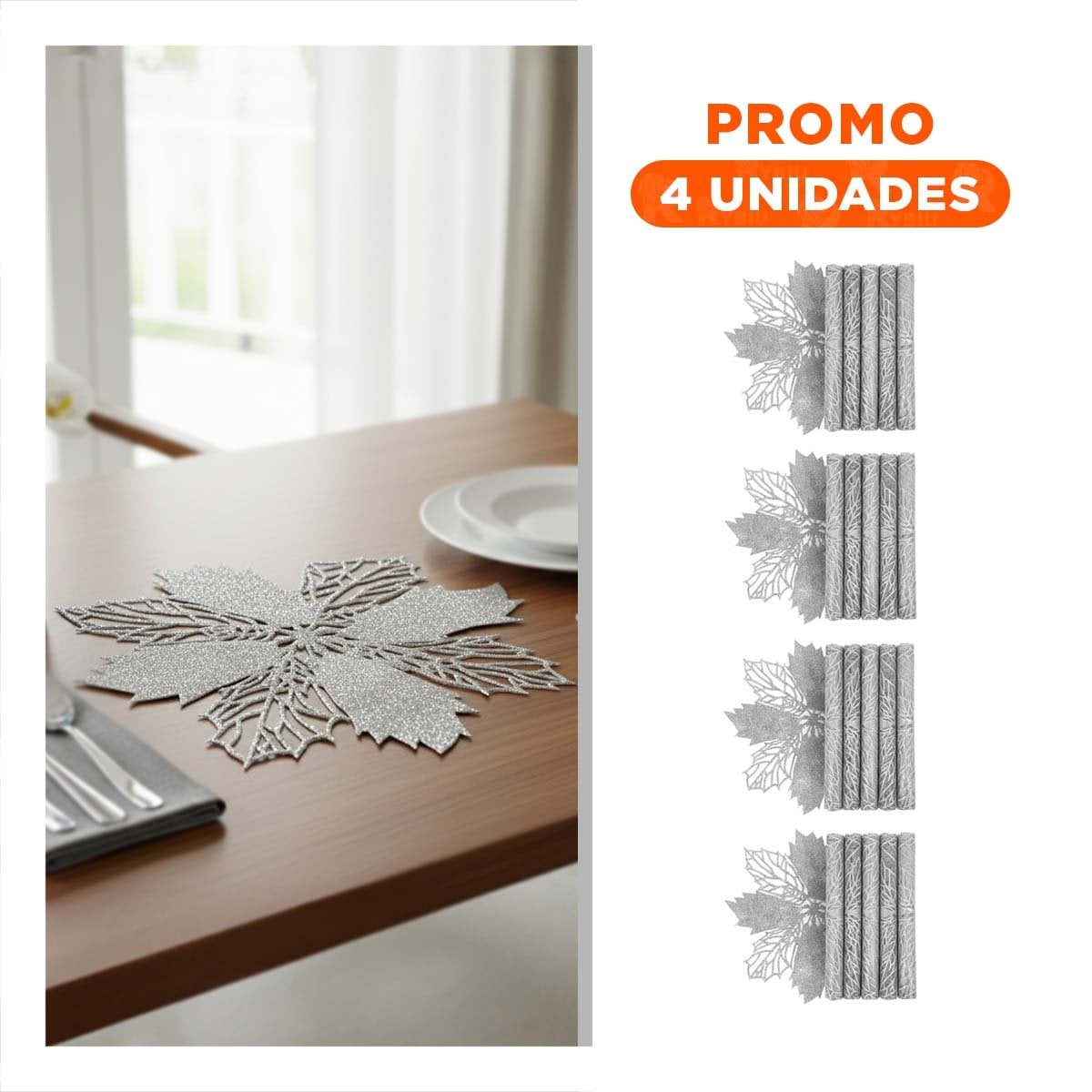 PACK4 LOTE DECORACION 6 INDIVIDUALES FLOR DE PINA PLATEADO 42X42 CM Y+REGALO STICKER - 1