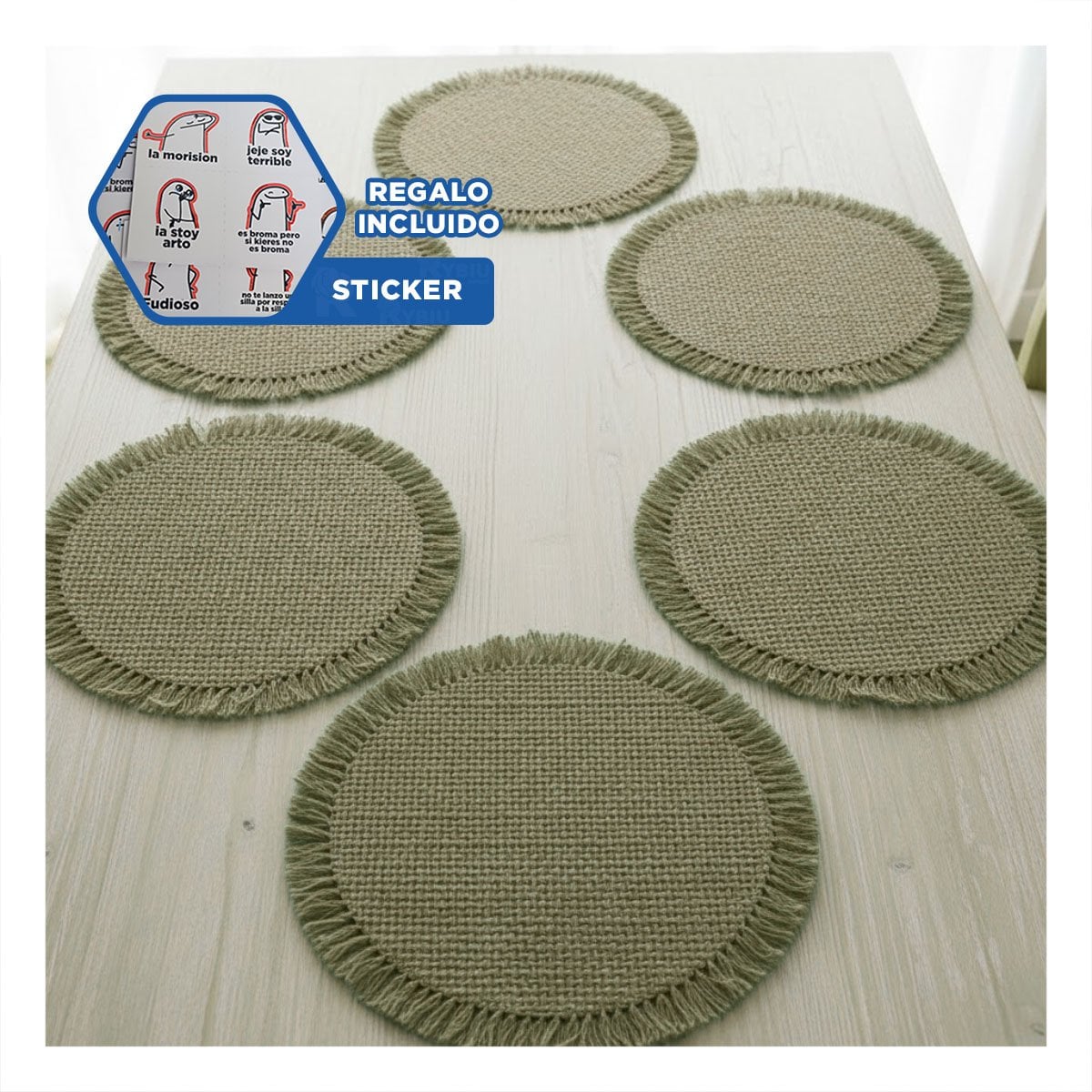 BASES TEJIDAS CIRCULARES EN COLOR VERDE CON FLECOS SET DE 6 PIEZAS Y+REGALO STICKER - 1