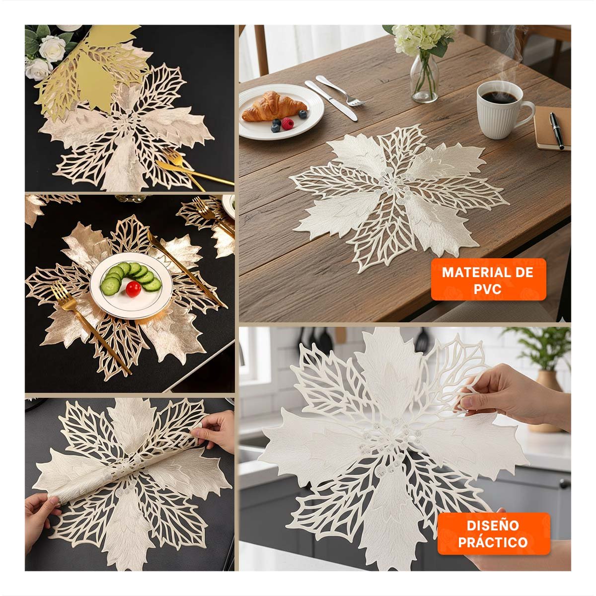 PACK2 LOTE DECORATIVO 6 INDIVIDUALES FLOR DE PINA DORADO 42X42 CM HOGAR Y+PAPEL REGALO - 3