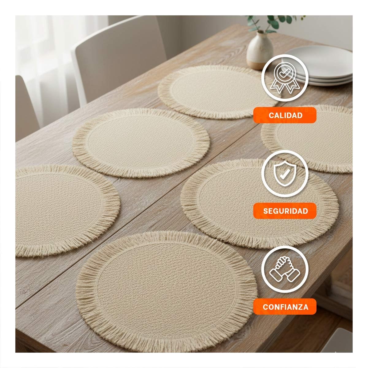 PACK4 CUBREMESAS CIRCULARES CON TEJIDO VISIBLE FLECOS BEIGE SET DE 6 DE 38CM - 3