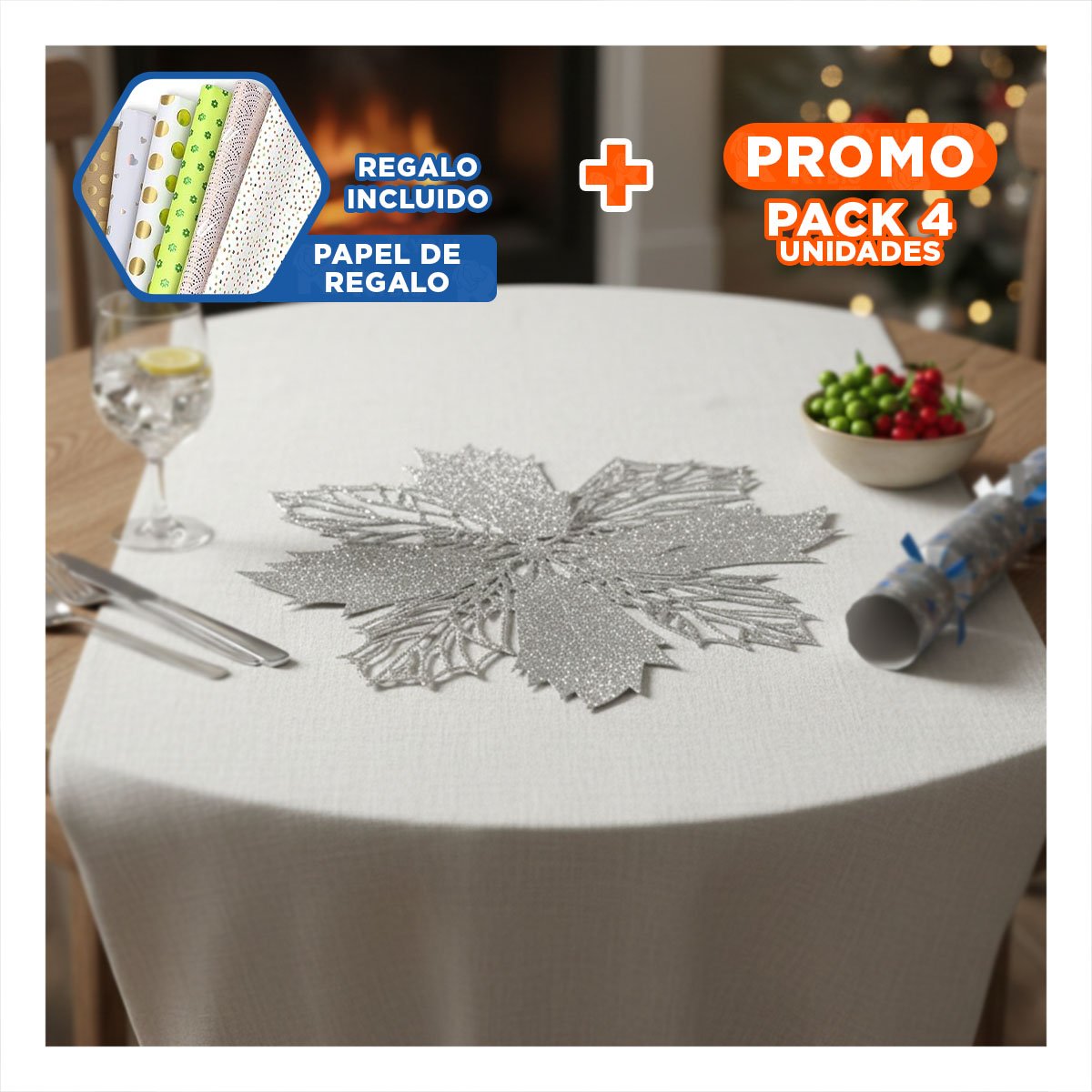 PACK4 LOTE HOGAR 6 INDIVIDUALES FLOR DE PINA PLATEADO 42X42 CM DECORACION Y+PAPEL REGALO - 1
