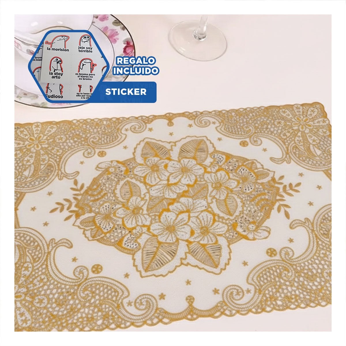 TAPETE SOFISTICADO DORADO CON FLORES PARA MESA NAVIDENA Y+REGALO STICKER - 1