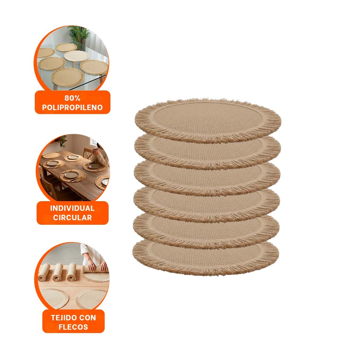 BASES CIRCULARES TEJIDAS CON FLECOS COLOR CAQUI EN SET DE 6 PARA MESA DE 38CM - 3