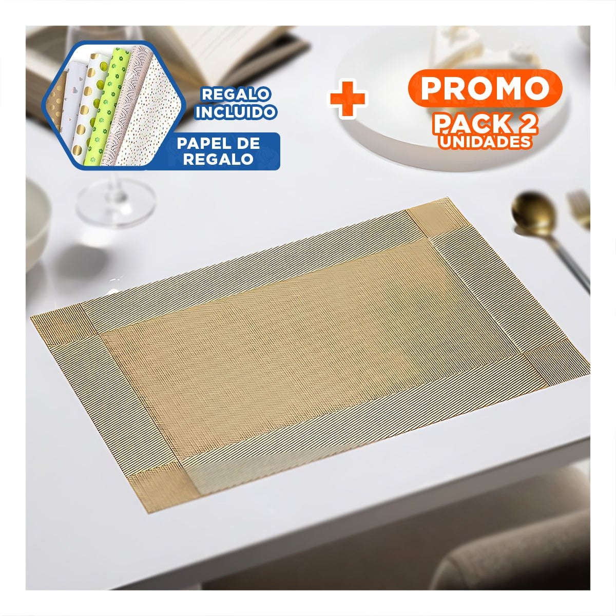 PACK2 ACCESORIO FUNCIONAL DORADO RECTANGULAR 30X45 CM PARA MESA DEL HOGAR Y+PAPEL REGALO - 1