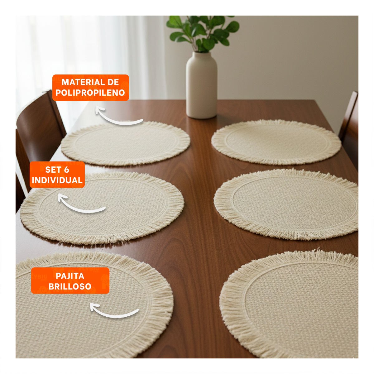 BASES DE MESA CON FLECOS Y TRAMA CIRCULAR BEIGE INCLUYE SET DE 6 DE 38CM Y+LIGAS REGALO - 3