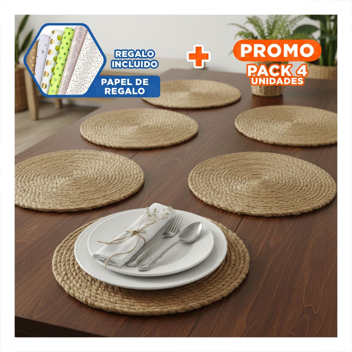 PACK4 ESTILO 6 PLATOS INDIVIDUALES TEJIDOS CAQUI 38CM MODERNOS Y PRACTICOS Y+PAPEL REGALO - 1