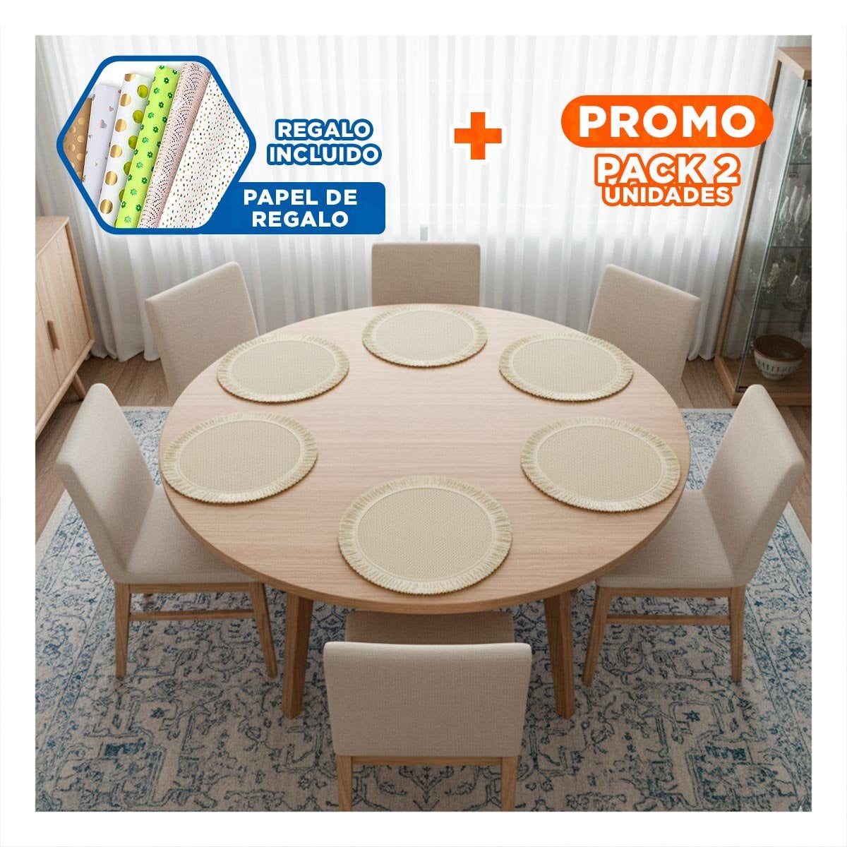 PACK2 INDIVIDUALES CON FORMA CIRCULAR TEJIDA FLECOS BEIGE SET DE 6 PIEZAS Y+PAPEL REGALO - 1