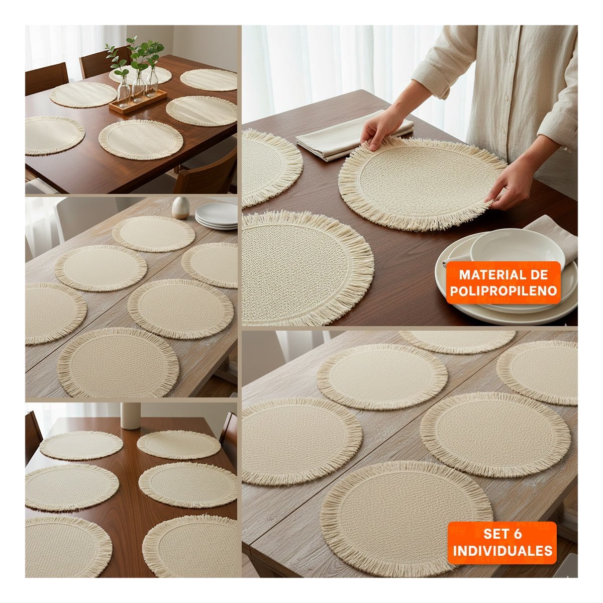 PACK2 INDIVIDUALES CON FORMA CIRCULAR TEJIDA FLECOS BEIGE SET DE 6 PIEZAS Y+PAPEL REGALO - 3