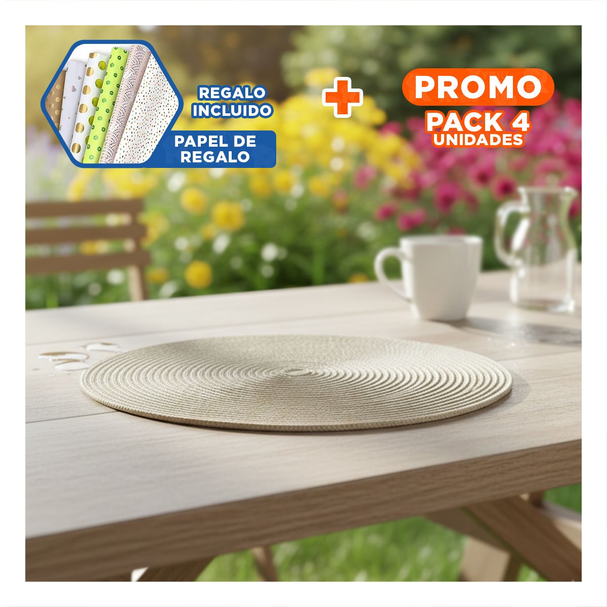 PACK4 PLATO TEXTIL INDIVIDUAL CIRCULAR BOHO BEIGE OSCURO PARA HOGAR YPAPEL REGALO - 1