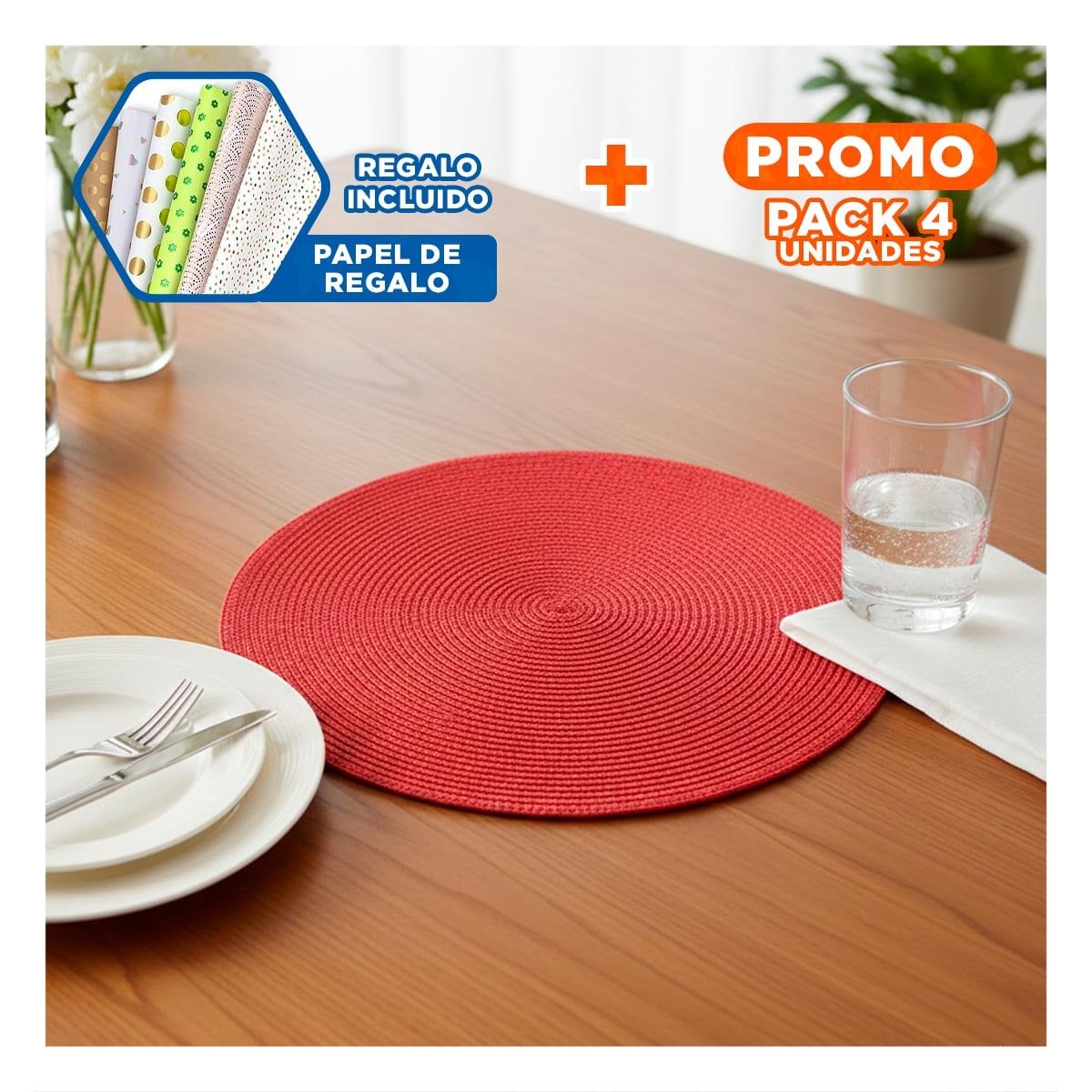 PACK4 INDIVIDUAL PARA SUPERFICIE DE MESA CIRCULAR EN ROJO PAJITA BRILLOSO Y+PAPEL REGALO - 1