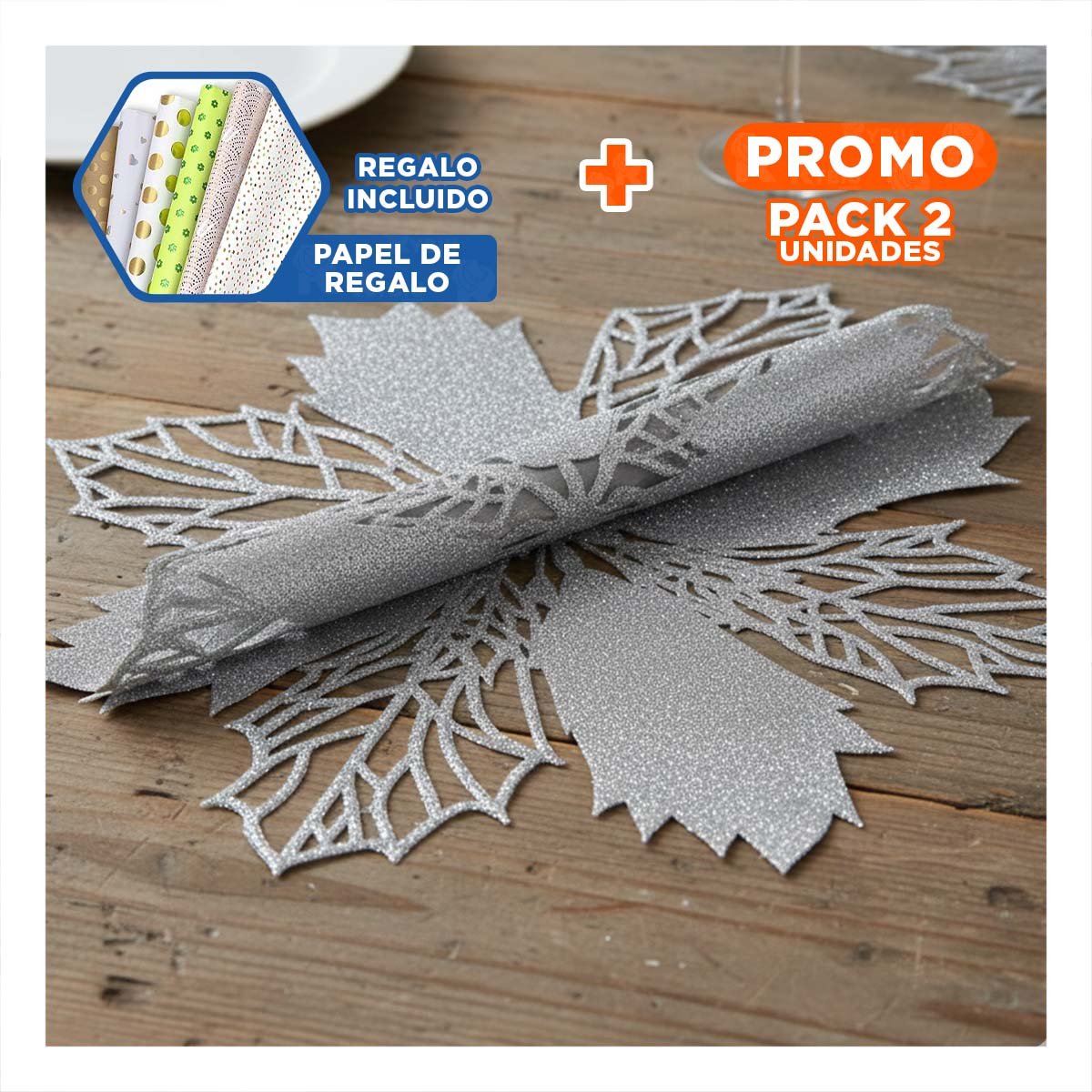 PACK2 LOTE DECORATIVO 6 INDIVIDUALES FLOR DE PINA PLATEADO 42X42 CM HOGAR Y+PAPEL REGALO - 1