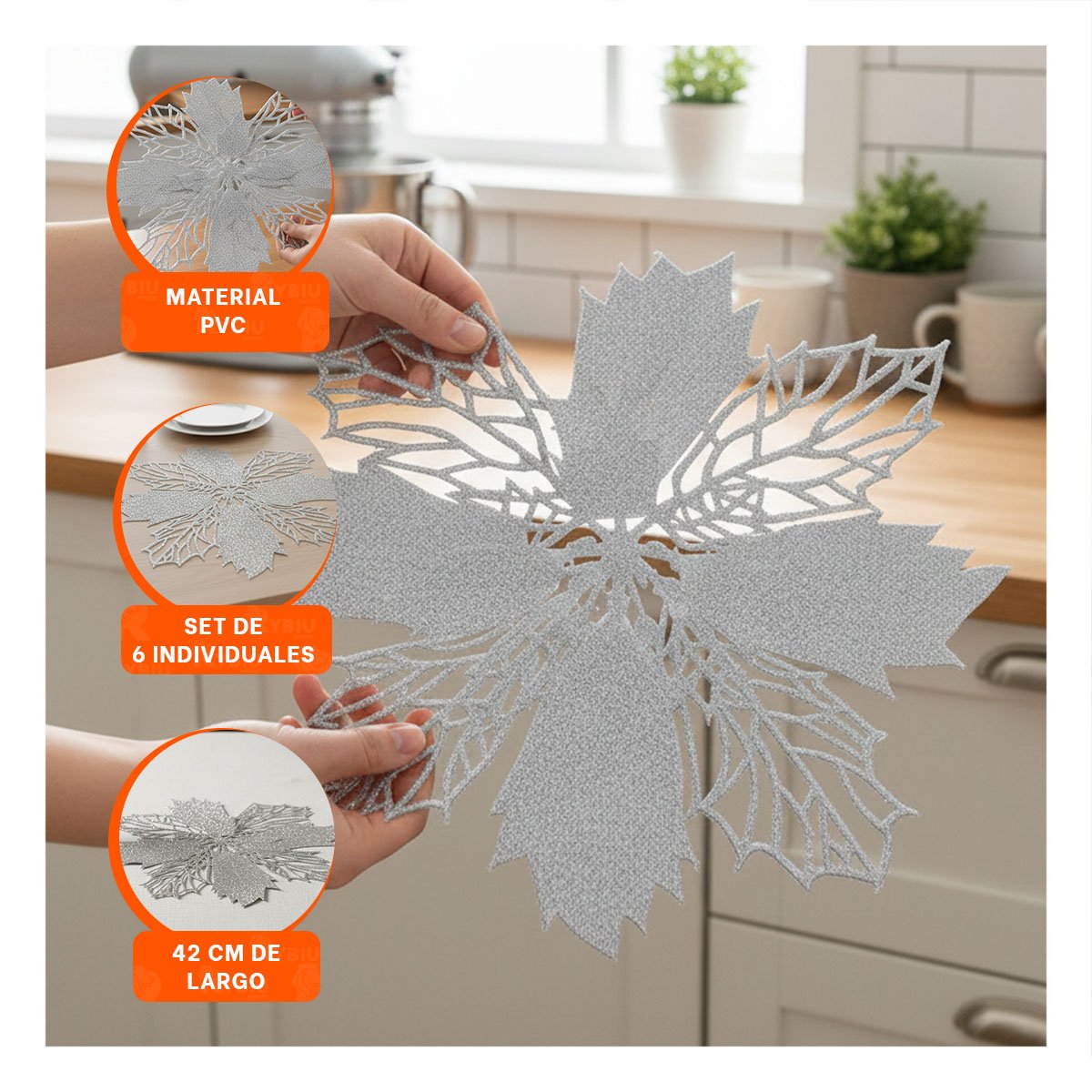 PACK2 LOTE DECORATIVO 6 INDIVIDUALES FLOR DE PINA PLATEADO 42X42 CM HOGAR Y+PAPEL REGALO - 5