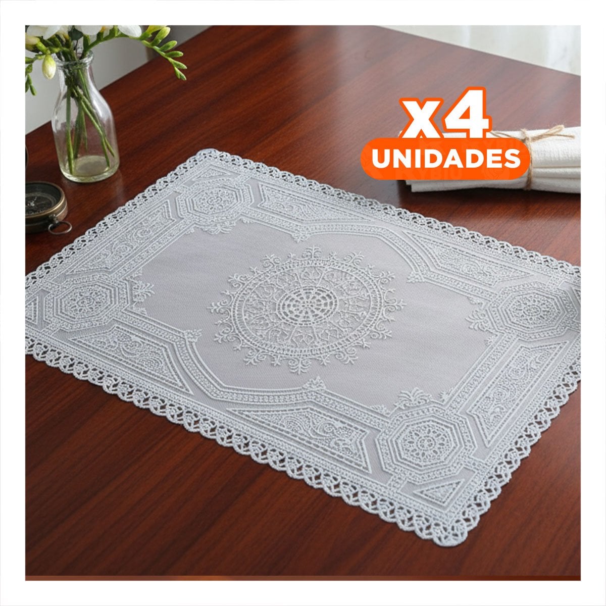 PACK4 INDIVIDUAL PLATEADO DECORATIVO CON MOTIVO MANDALA PARA MESA ELEGANTE - 1