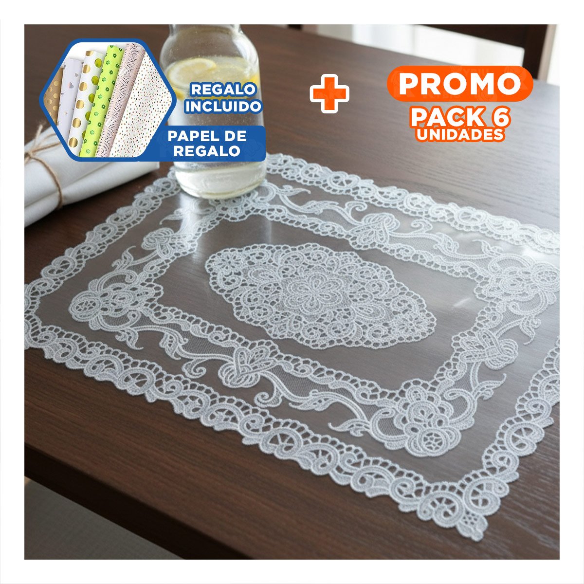 PACK6 INDIVIDUAL PLATEADO RECTANGULAR CON DETALLE DE ENCAJE Y FLORES PARA HOGAR Y+PAPEL REGALO - 1