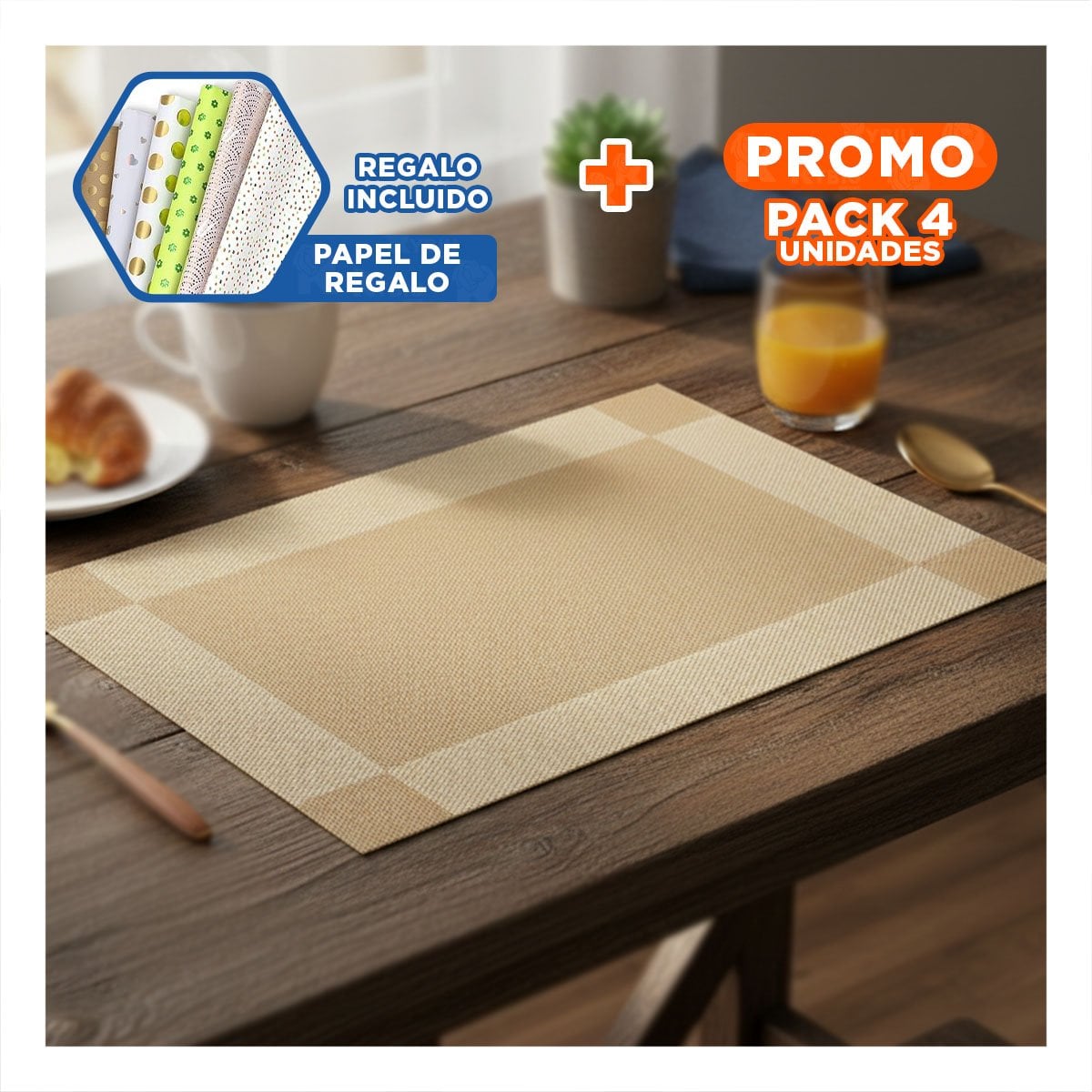 PACK4 PROTECTOR PRACTICO DORADO RECTANGULAR 30X45 CM PARA MESA DE COMEDOR Y+PAPEL REGALO - 1